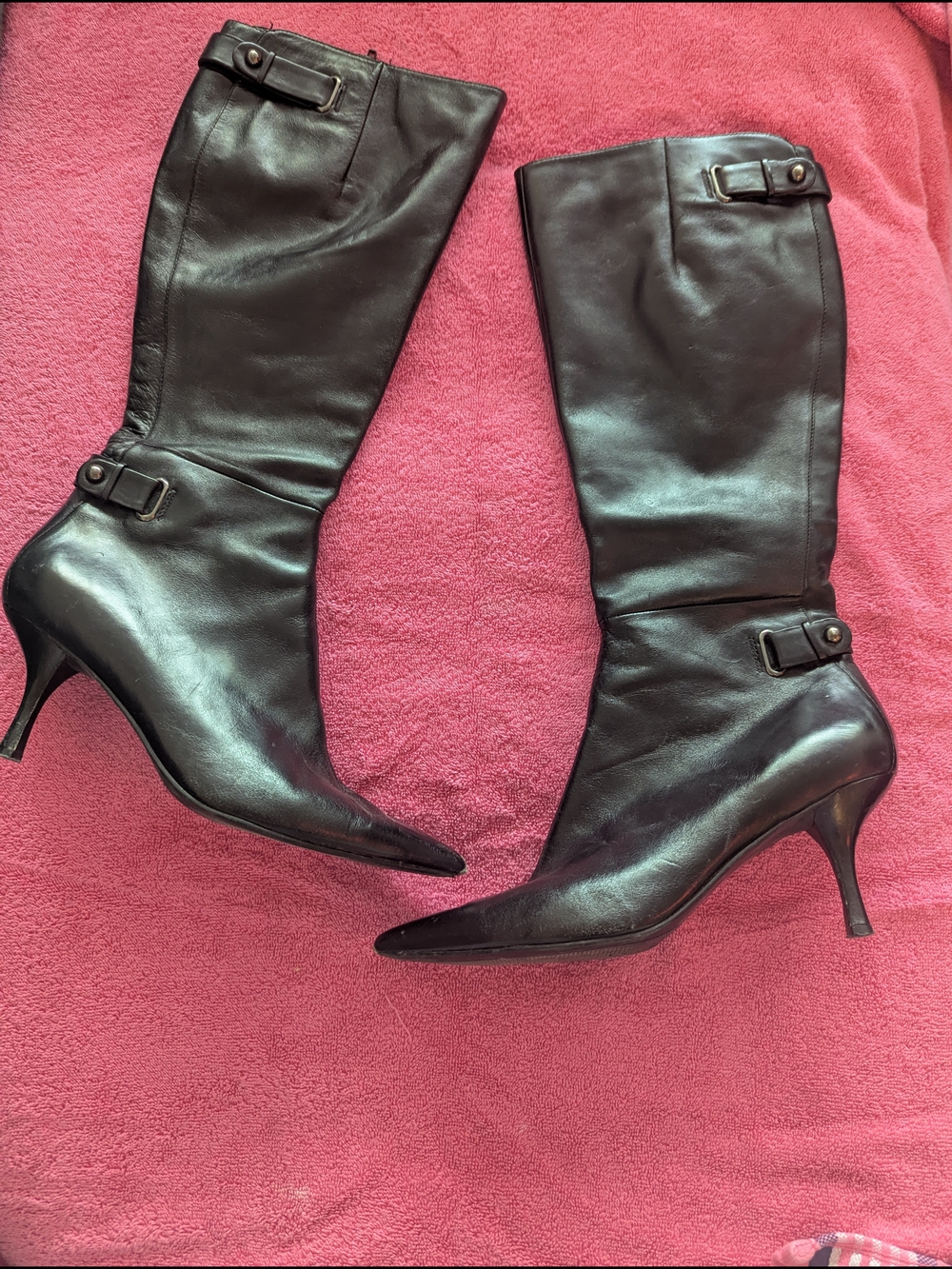 Vintage Nine West Women's Black Leather Knee-High Pointed-Toe Kitten Heel Boots